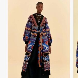 FarmRio Ainika intarsia-knit cardi-coat cardigan jacket size S 051000